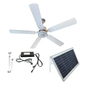 24h Operation 50w Solar Ceiling Fan with AC DC Adaptor Powerful Brushless DC Motor for Patio Remote House