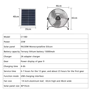 25W 12Speed Adjustable Solar Charging Solar Electric Table Fan with Solar Panel for Home