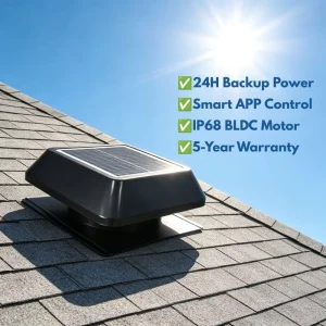 25W Solar Powered 12 Inch Roof Vent Exhaust Fan IP68 Brushless DC Motor for Home Attic & Roof Cooling