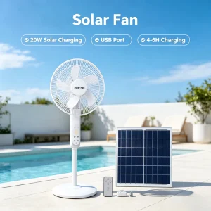 25W Solar Standing Fan 3 Speed Adjustable Floor Fan for Home Camping Emergency Power Outage