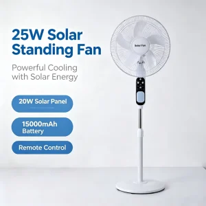 25W Solar Standing Fan 3 Speed Adjustable Floor Fan for Home Camping Emergency Power Outage