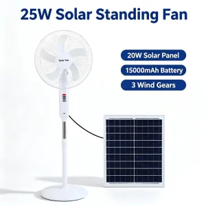 25W Solar Standing Fan 3 Speed Adjustable Floor Fan for Home Camping Emergency Power Outage