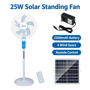 25W Solar Standing Fan 4 Speed Adjustable Floor Fan for Home Camping Emergency Power Outage