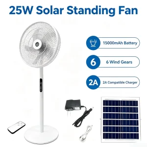 25W Solar Standing Fan 6 Speed Adjustable Floor Fan for Home Camping Emergency Power Outage
