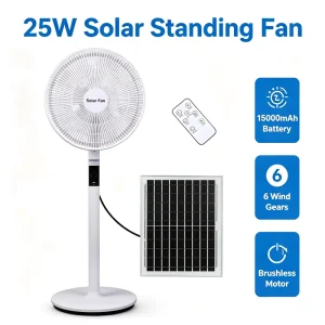 25W Solar Standing Fan 6 Speed Adjustable Floor Fan for Home Camping Emergency Power Outage
