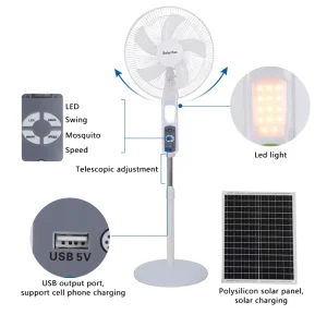 25W White 16 Inch AC DC Solar Powered Camping Cooling Fan with Lamp and Solar Panel