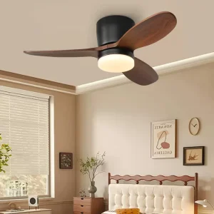 28 Inch Walnut Ceiling Fan with LED Mini Lamp Modern European Design 6 Speed Remote Control Iron Body DC Motor for Living Room