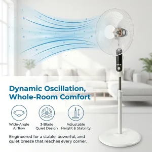 3 Blades New Design 16 Inch Electric Vertical Stand Remote Control Oscillating Low Noise Plastic Construction Air Cooling Fan