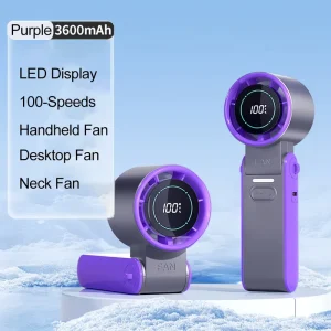 3-in-1 Hand Fan 100-Speeds Adjustable Foldable Bladeless Digital Display USB Rechargeable Portable Desk Handheld Turbo Fan
