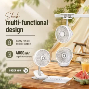 3 in 1 USB Table Top Rechargeable LED Fan Lamp with Remote Control Cool DC Air Cooling Desktop for Outdoor Clip on Design