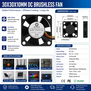 30x30x10mm DC Brushless Cooling Fan 5V 12V 24V Mini Axial Fan for Router Network Switch Industrial Control Equipment