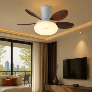 32 Inch Walnut Iron Ceiling Fan LED Lamp Remote Wall Control Modern European 6 Speed DC Motor Living Room 5 Blades Dimmable