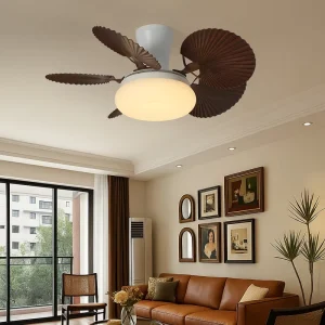 33 Inch Modern European Design LED Mini Lamp Ceiling Fan 6 Speed Remote Control Iron Body 5 Blades Walnut Living Room