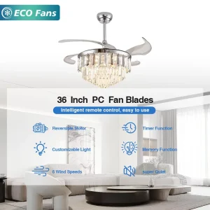 36 Inch Ceiling Fan Lamp with Crystal Chandelier Remote Control Reversible Quiet Fan with LED Light