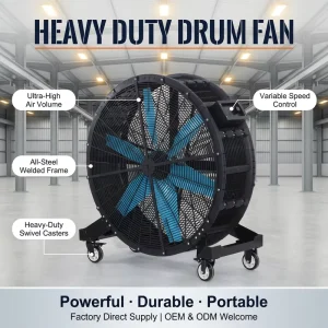 36 Inch Industrial Portable Drum Fan Mobile Floor Fan with Swivel Casters High Volume Airflow Warehouse Factory Workshop Summer