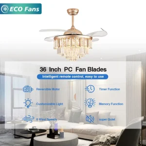 36 Inch Retractable Ceiling Fan with Crystal Chandelier Light Remote Control Quiet Motor Fan