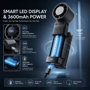 3600mAh Rechargeable Mini Hand Held Fan With LED Digital Display
