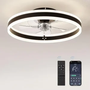 36W Remote Ceiling Fans with Light Flush Mount 20 Inch LED Timer Ceiling Fan Control 3CCT Dimmable Black LED Ceiling Fan