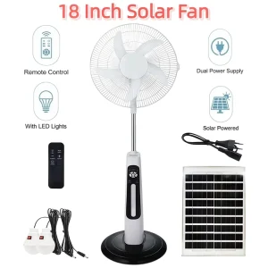 4-in-1 Solar Rechargeable Fan with LED Lamp Remote Control USB Phone Charger Built-in Battery Backup Stand Pedestal Cooling Fan