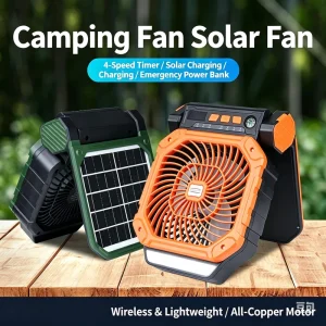 4000mAh Rechargeable Solar Powered Fan 4 Adjustable Speeds Timer Function USB C Camping Solar Fan with LED Light for Camping