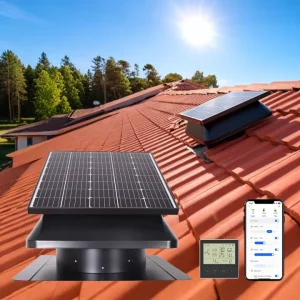 40W 14” IP68 Solar Hybrid Powered DC+AC Roof Vent Heat Extractor Hot Air Axial Flow Exhaust Fan OEM ODM Ball Bearing