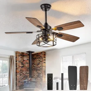 42 52 48 Inch Caged Ceiling Fan with Light Remote 5 Blades Reversible DC Motor Rustic Farmhouse Industrial Ceiling Fan