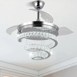 42” Dimmable Ceiling Fan with Light and Remote Crystal Modern Chandelier Fan Retractable Blade with Silent Motor LED