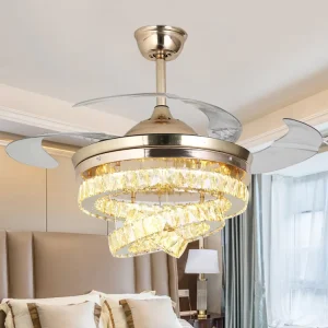 42” Dimmable Retractable Blade Crystal Ceiling Fan Chandelier with Remote Control Lights 220v for Living Room