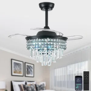 42 Inch Crystal Chandelier Fan Retractable LED Ceiling Fan Lamp With Light black Chandelier Ceiling Light With Fan
