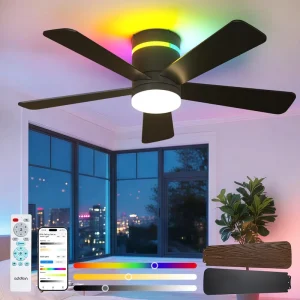42 Inch Flush Mount RGB Ceiling Fan Light Music Sync APP Remote Wall Triple Control Reversible DC Motor