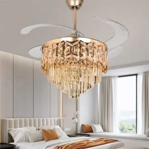 42 Inch Gold Crystal Motor Iron Ceiling Fan Retractable 6 Speed 4 Blade Chandelier Lamp Light Remote Control