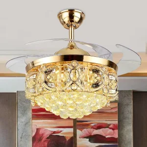 42 Inch Iron Ceiling Fan with Retractable 4 Blades 6 Speed Chandelier Lamp LED Light Remote Control Dimmable