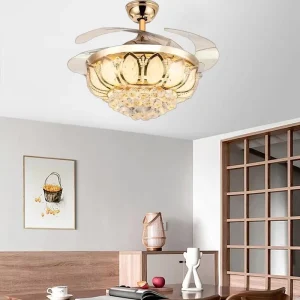 42 Inch Iron Crystal BL Ceiling Fan Retractable 6 Speed 4 Blade Chandelier LED Light Remote Control Gold Modern Energy