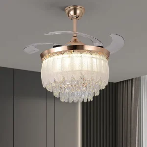 42 Inch Iron Crystal BL Ceiling Fan Retractable 6 Speed 4 Blade Chandelier Lamp with Light and Remote Control