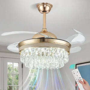 42 Inch Led Smart Crystal Ceiling Fans with Led Lamps Lights Read Rotation for Living Room Home with Remote Control Wifi