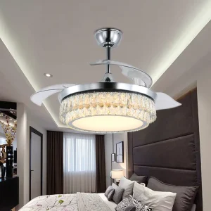 42 Inch Luxury Crystal LED Ceiling Fans with Remote Control Retractable Chandelier Lamp for Home Dining Bedroom Motor