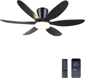 42 Inch Modern Indoor Ceiling Fan with LED Light 6 Speed Remote Dimmable 30W DC Motor IP44 Black 6 ABS Blades Flush Mount