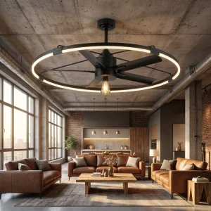 42 Inch Modern Industrial DC Motor Fandelier Ceiling Fan with LED Ring Light Ultra Quiet Operation Project Supply