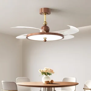 42 Inch Modern LED Ceiling Fan with Light and Remote Control Walnut Gold Retractable for Bedroom DC Wooden Classic