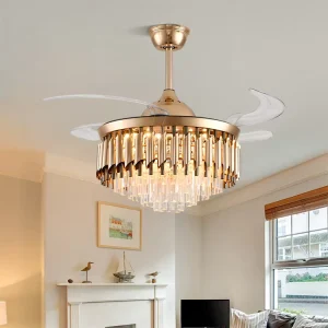 42-Inch Modern Retractable Crystal LED Ceiling Fan with Remote Chandelier Lamp for Living Room Bedroom Dining Durable Motor
