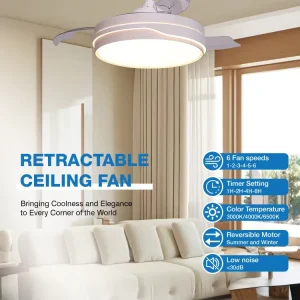 42″ Retractable Reversible Ceiling Fan with Remote Control 3 Changing LED Light Invisible Fan for Bedroom Living Room