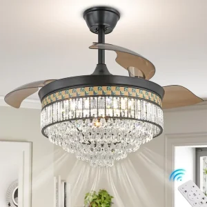 42 inch Crystal Body Led Ceiling Fans Light With Remote Control Chandelier Lamp For Home Dining Bedroom pop foldable plus