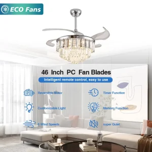 46 Inch Ceiling Fan with Crystal Chandelier LED Light Quiet Remote Control Fan for Home Decoration