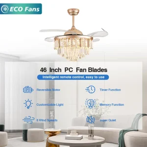 46 Inch Modern Chandelier Ceiling Fan with Light Reversible Motor Remote Control for Bedroom