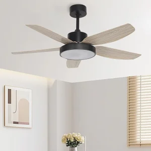48 Inch 5 Blades Iron ABS Matt Black LED 3 Colors Remote Control 6-Speed Dimmable Modern Ceiling Fan with Light for Bedroom