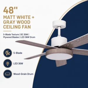 48 Inch Ceiling Fan 36W LED Tri Color Light DC Motor 5 Plywood Blades Matt White Gray Wood Remote Silent Modern