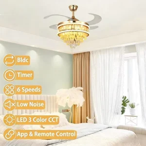 48 Inch Crystal Modern Luxury Ceiling Fan Light Chandelier Remote Control 6 Speed LED Dimmable Silent Motor Living Room Bedroom
