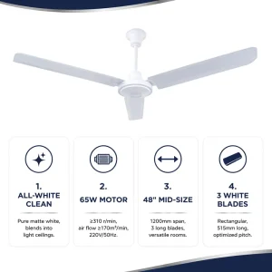 48 Inch Industrial Ceiling Fan No Light AC Motor 3 White Metal Blades High Airflow Commercial Restaurant Workshop