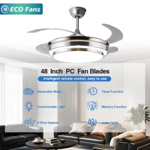 48″ Modern Ventilation Ceiling Fan with Retractable LED Light 6 Speed Smart Remote and Quiet Energy Saving Technology