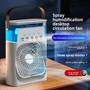 5 Hole Spray Fan Mini Portable Desktop Small Fan Humidifying Cooling With Ambient Light